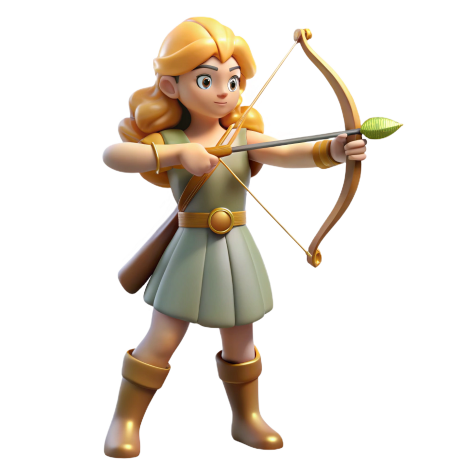 extraordinary traditional Artemis, Goddess of the Hunt, with bow and arrow, detailed png
