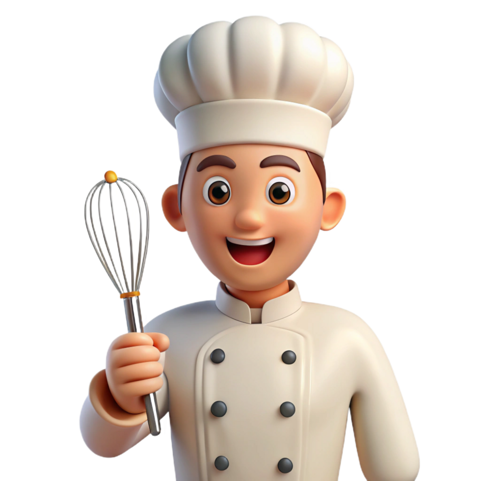 impressive traditional Smiling chef, holding whisk, authentic png