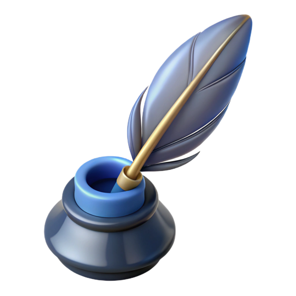 vibrant minimalist A single, stylized feather pen with an inkwell, genuine png
