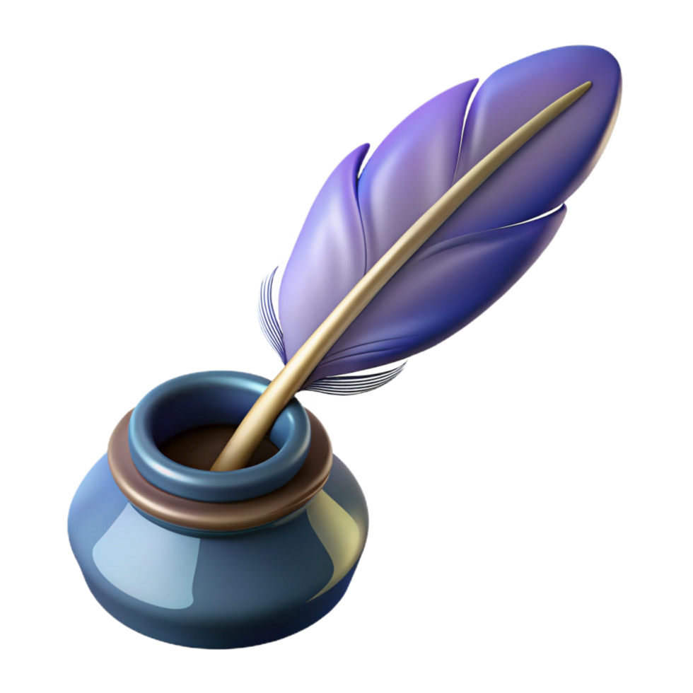 elegant modern A single, stylized feather pen with an inkwell, original png