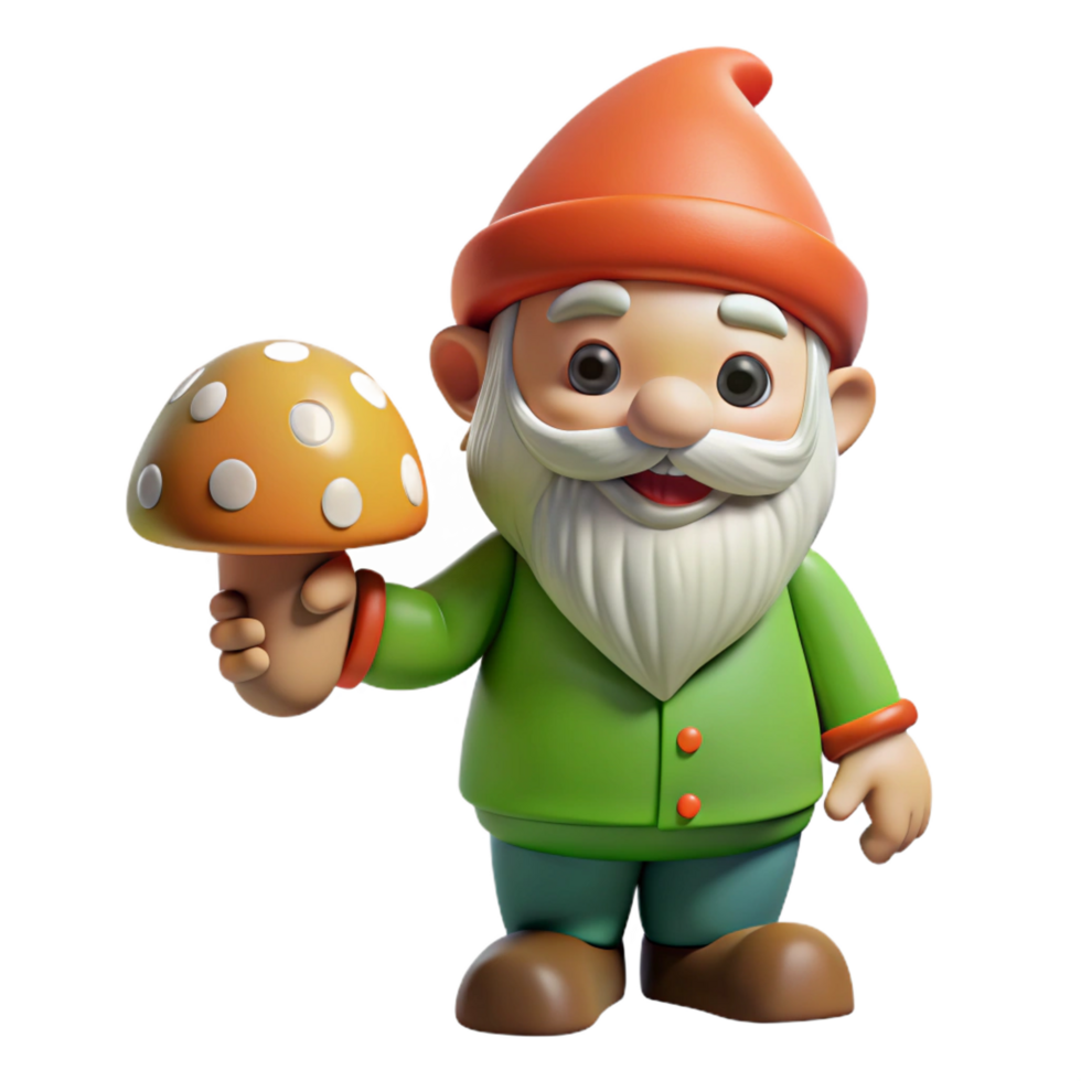 beautiful artistic A playful gnome, holding a mushroom detailed png