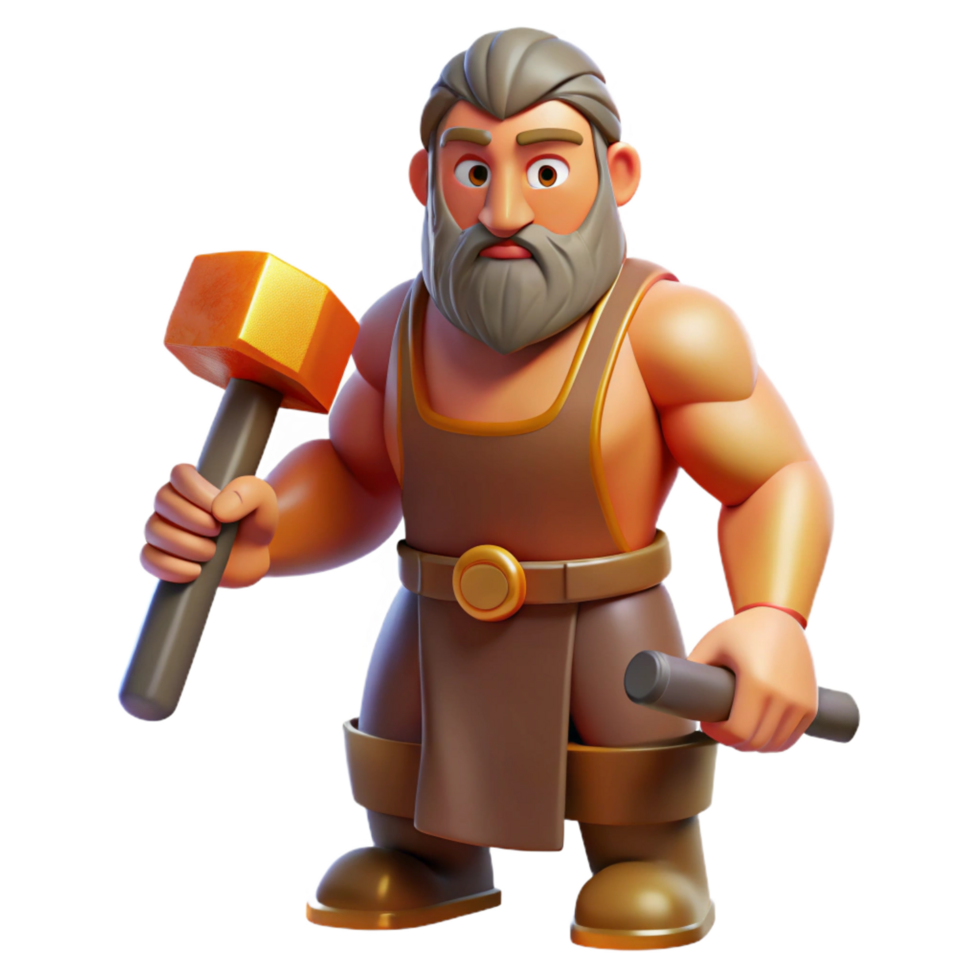 impressive modern Hephaestus, God of the Forge, holding hammer, high quality png