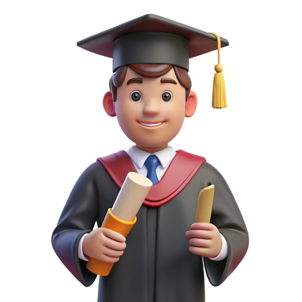 extraordinary modern Graduate in cap and gown holding diploma, high quality png