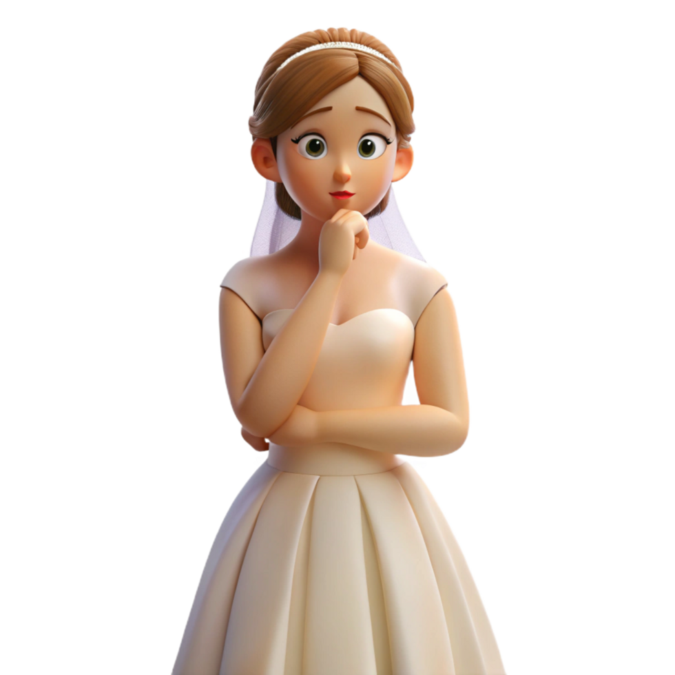 stunning traditional Pensive bride in wedding dress, exclusive png