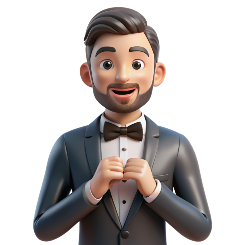 wonderful rustic Groom in tuxedo adjusting his bow tie, high resolution png