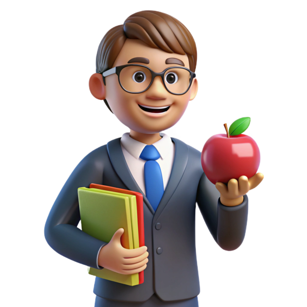 elegant creative Teacher holding an apple and books, authentic png