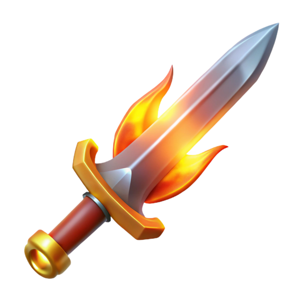 serene rustic Single, enchanted sword, flames emanating from the blade professional png