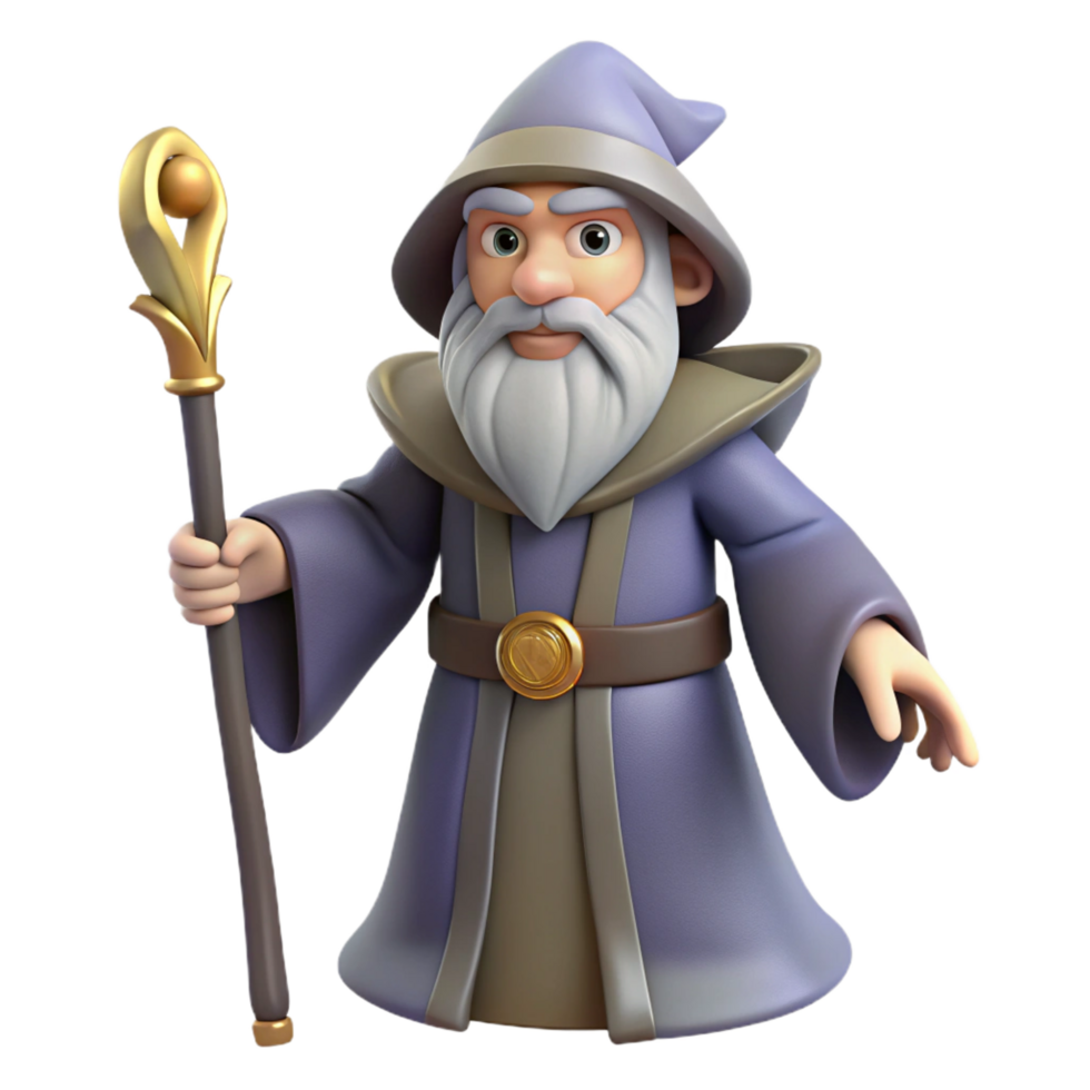elegant contemporary Single, wise old wizard, long beard, holding a staff exclusive png