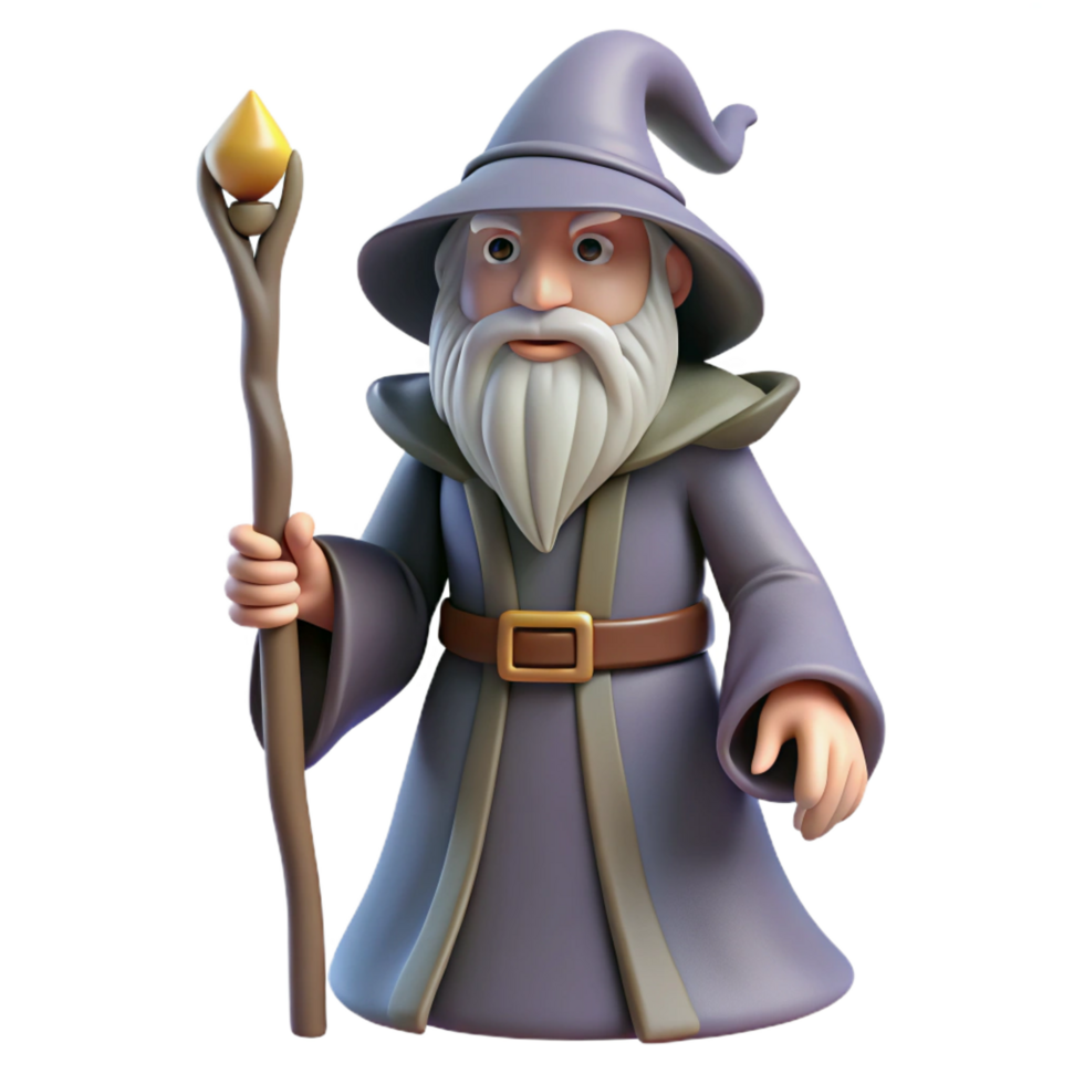 beautiful artistic Single, wise old wizard, long beard, holding a staff 4K png