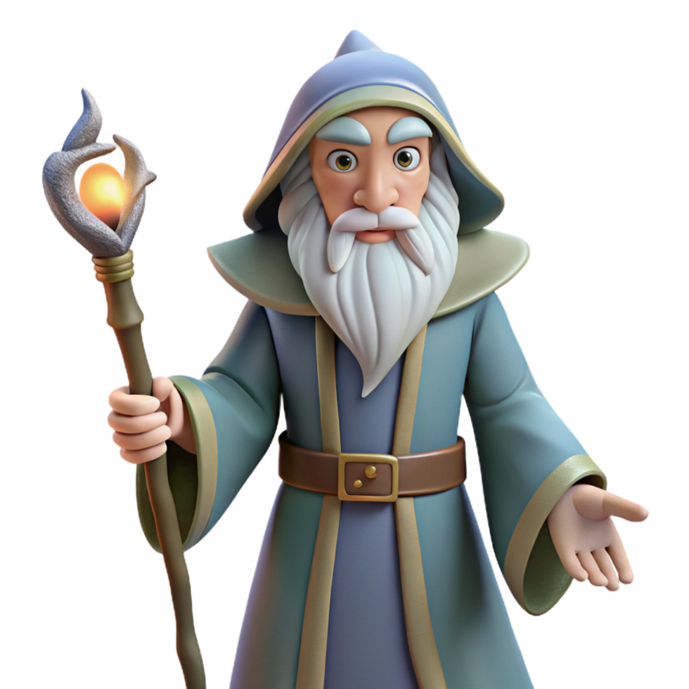 serene modern A wise old wizard, long white beard, holding a magic staff, professional png