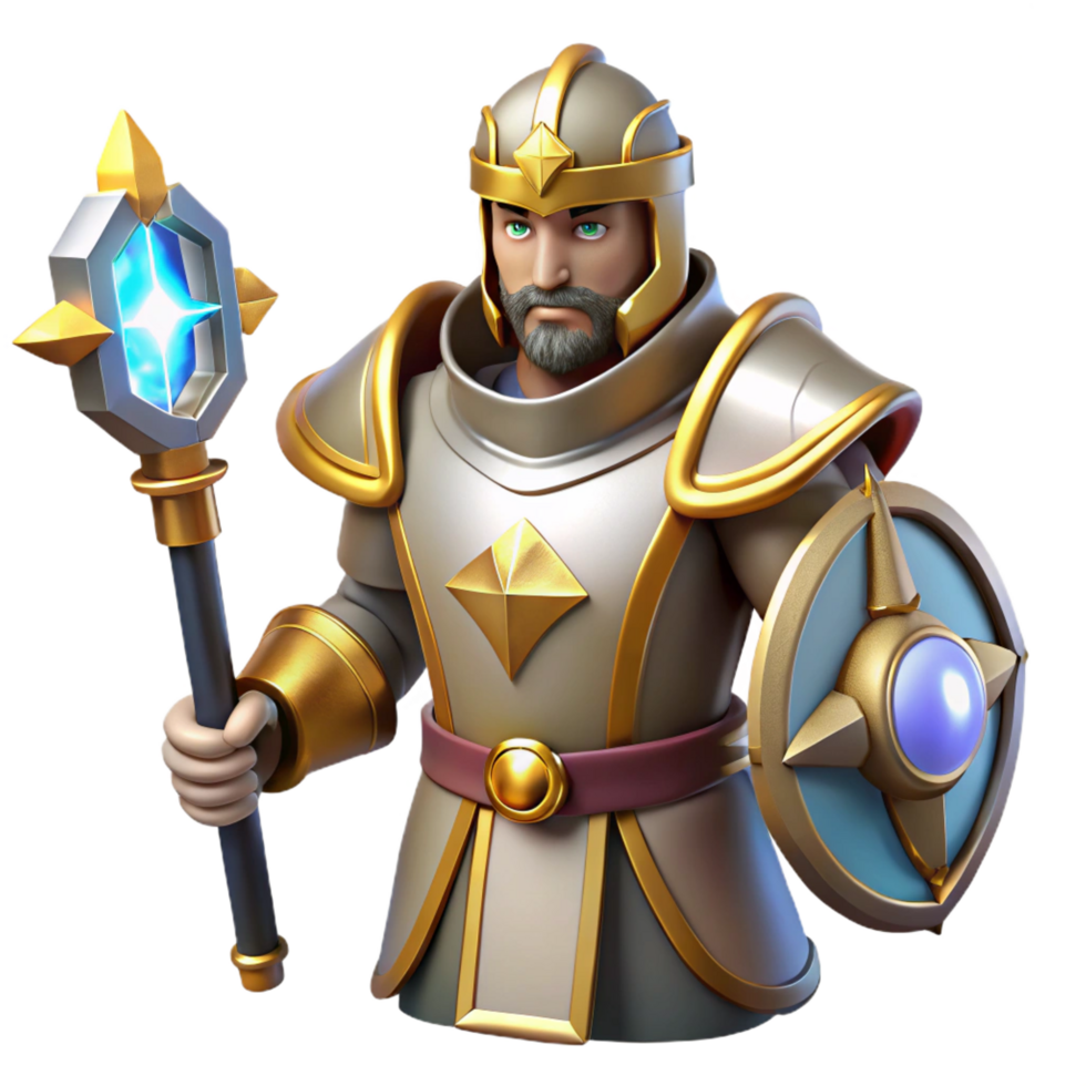 serene rustic A powerful paladin, in shining armor, holding a holy symbol, high quality png