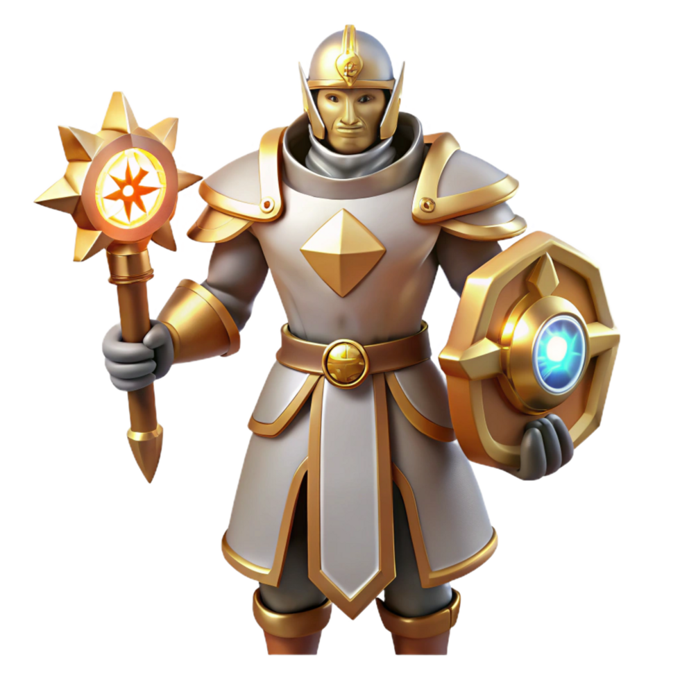 impressive rustic A powerful paladin, in shining armor, holding a holy symbol, high resolution png