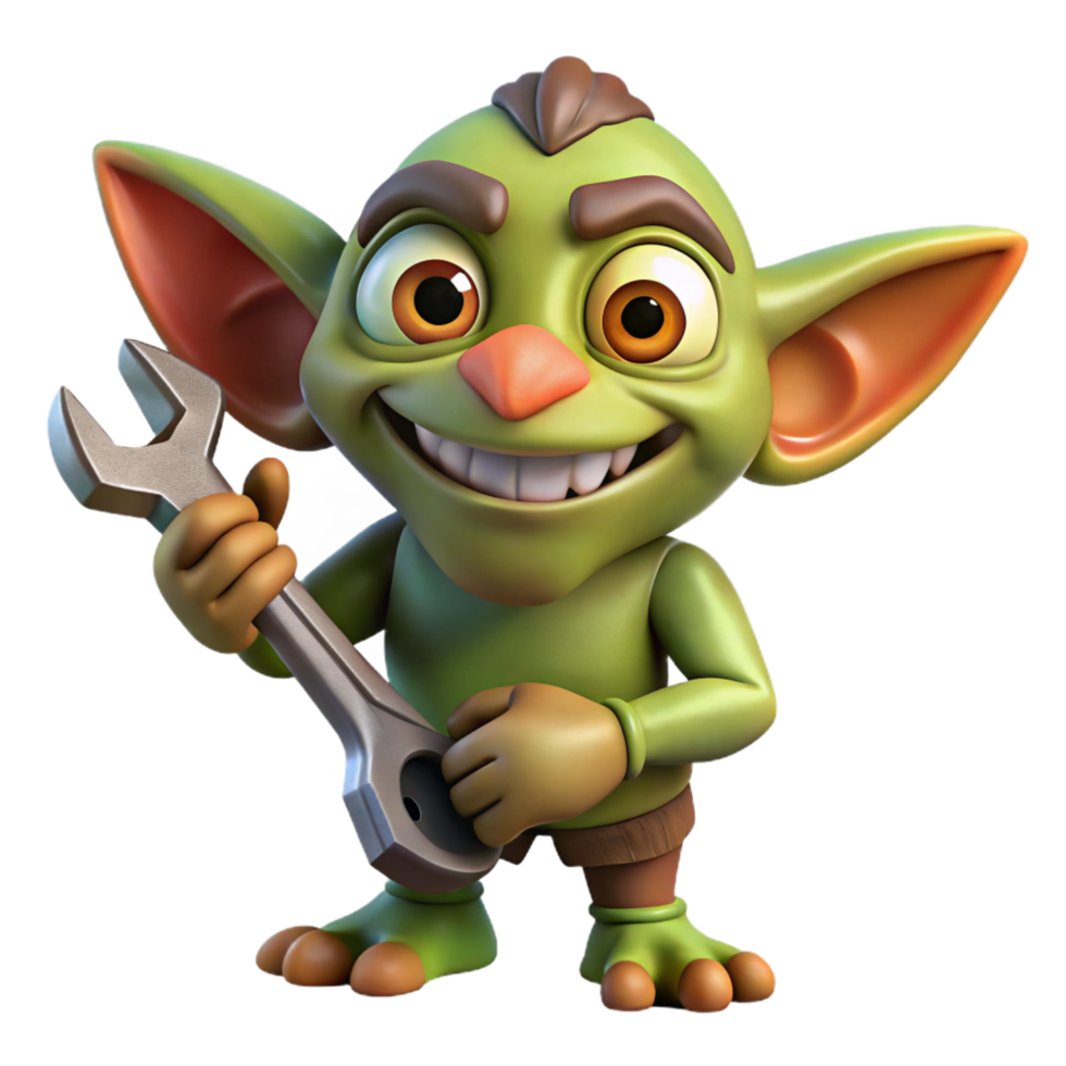 beautiful creative A mischievous gremlin, holding a wrench, grinning expression, exclusive png