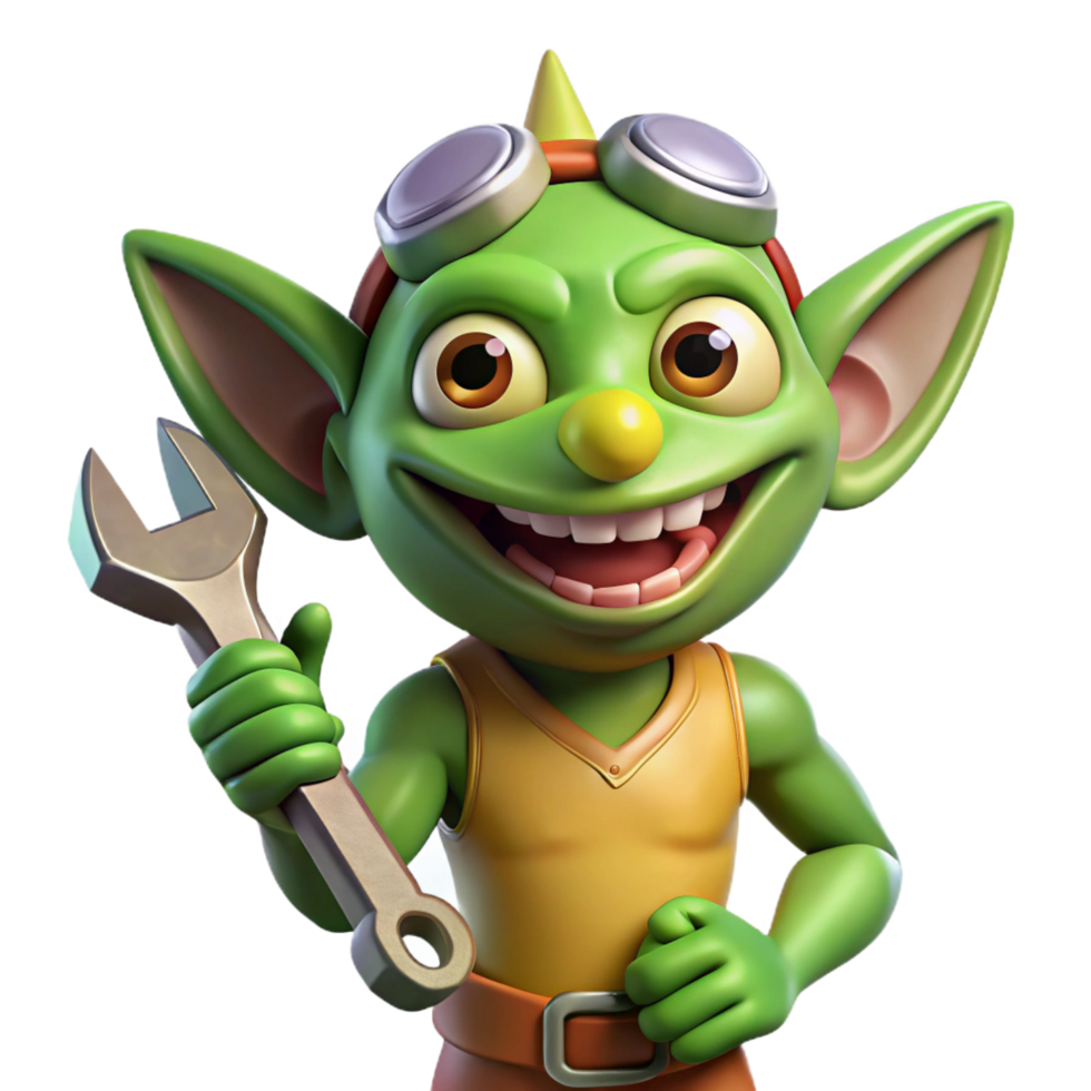 wonderful artistic A mischievous gremlin, holding a wrench, grinning expression, high resolution png
