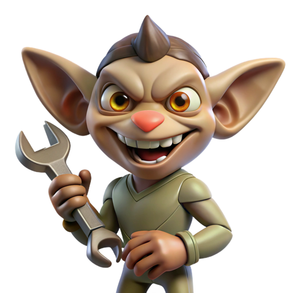 vibrant traditional A mischievous gremlin, holding a wrench, grinning expression, high resolution png