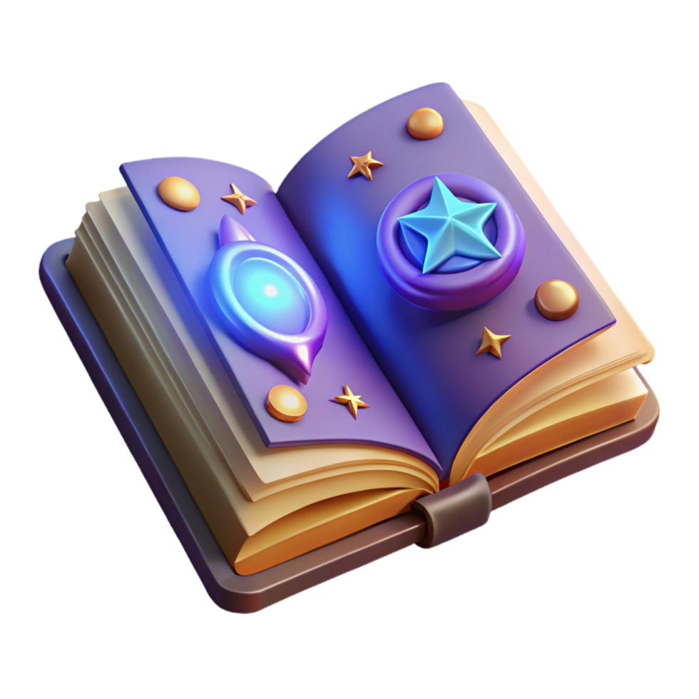 serene artistic A single, open spellbook with glowing pages and magical symbols, 4K png