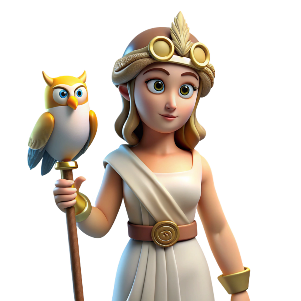 magnificent artistic Athena, Goddess of Wisdom, holding owl, intelligent, high quality png