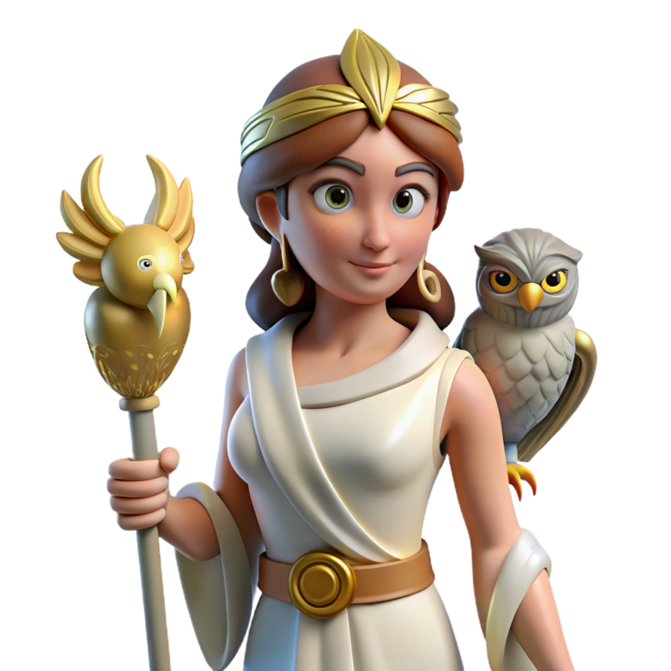 vibrant abstract Athena, Goddess of Wisdom, holding owl, intelligent, authentic png