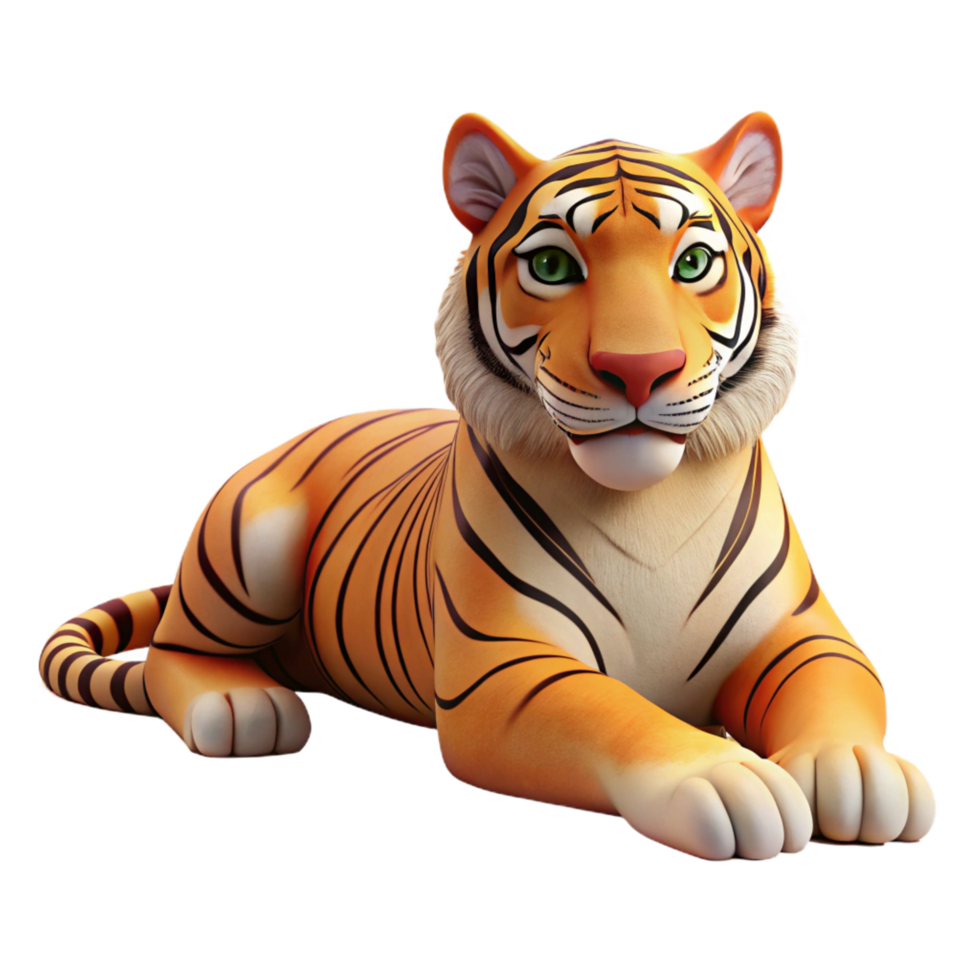 elegant contemporary A majestic Bengal tiger, lying down, looking directly at the camera high resolution png