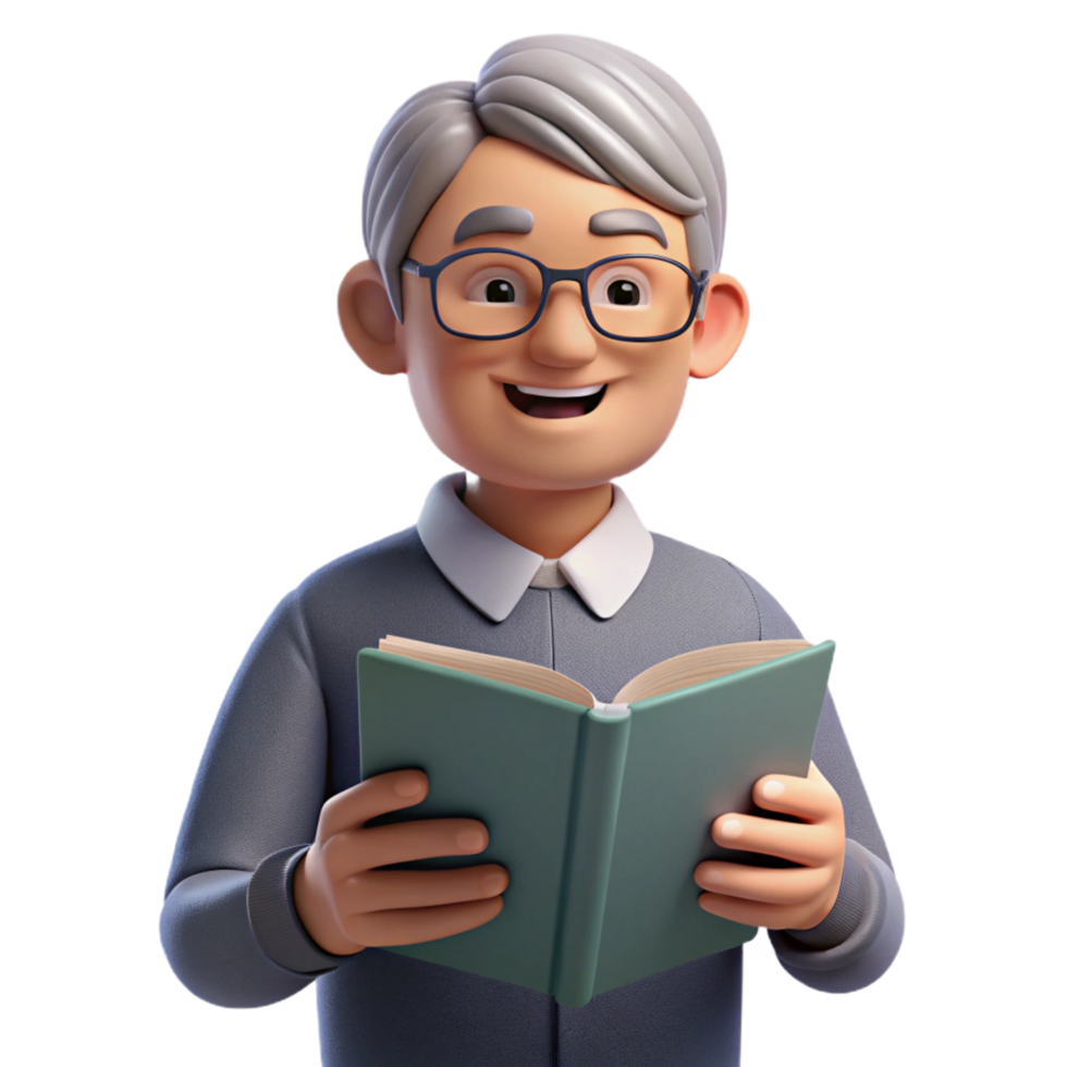 dramatic abstract Senior man with glasses reading a book, genuine png