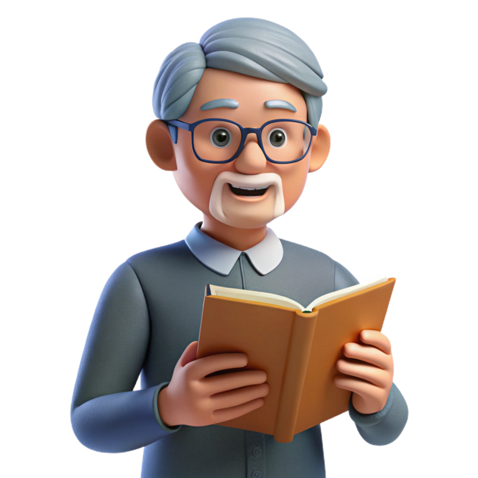 wonderful minimalist Senior man with glasses reading a book, detailed png