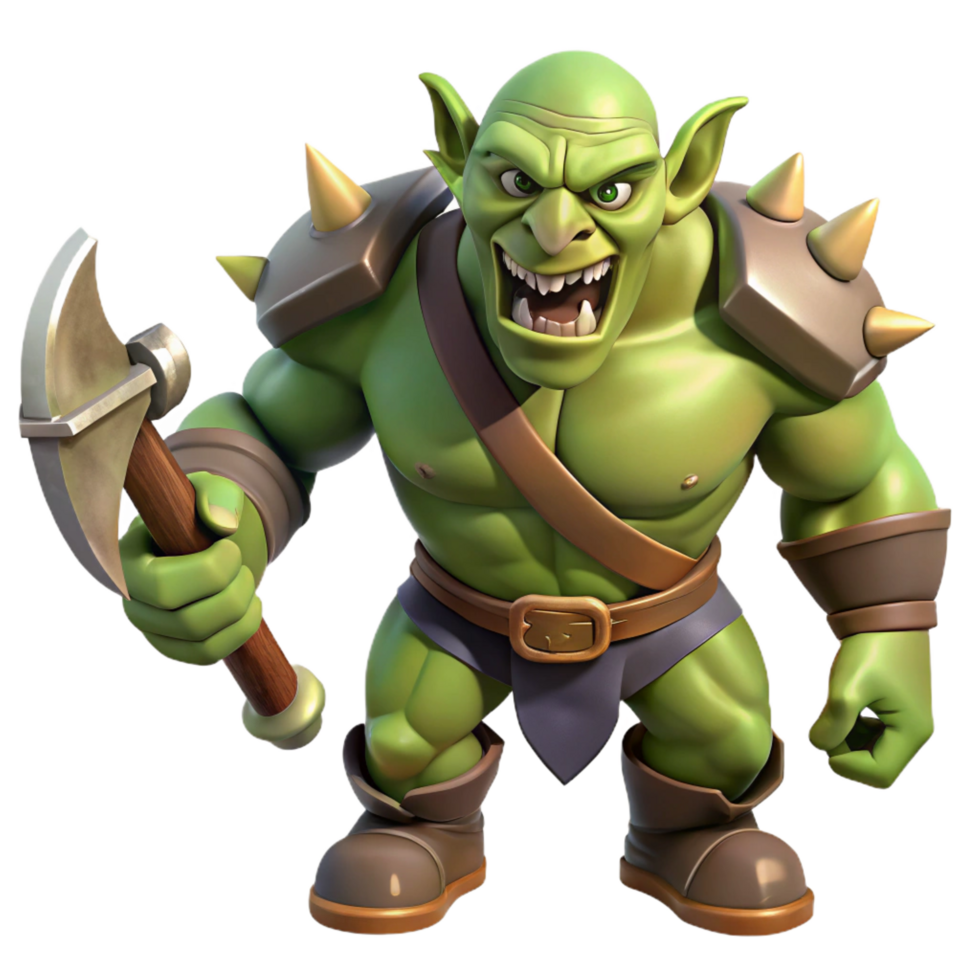 magnificent contemporary A menacing orc warrior, battle-axe raised, snarling expression, 4K png