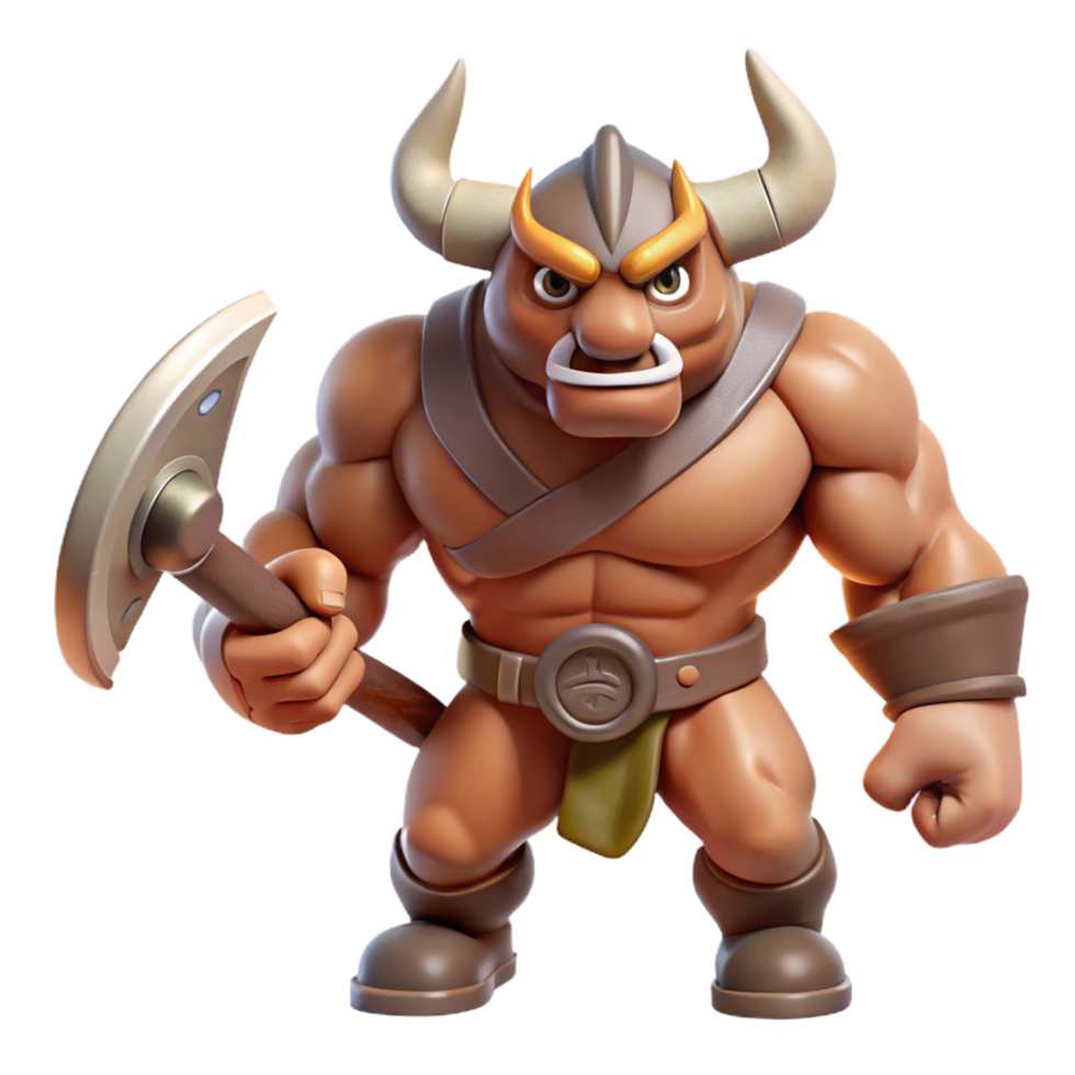 vibrant classic A muscular minotaur, wielding a double-headed axe, furious expression, authentic png
