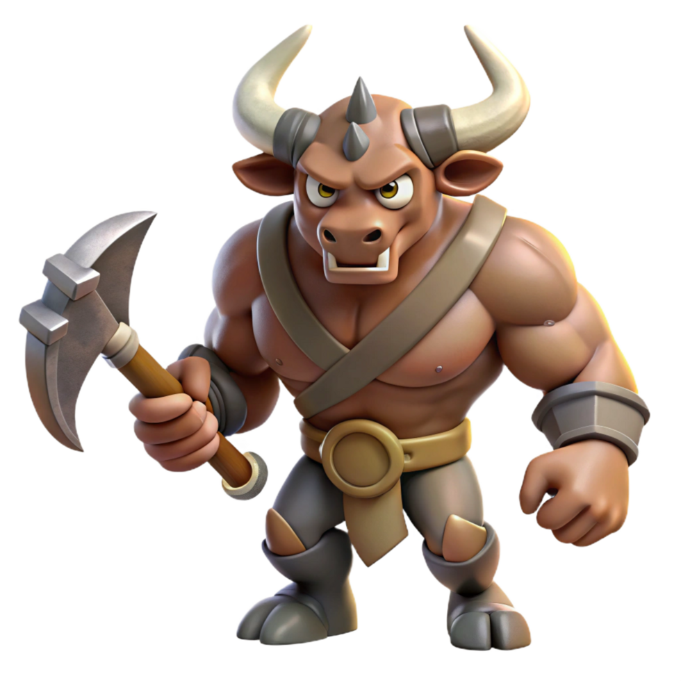 stunning rustic A muscular minotaur, wielding a double-headed axe, furious expression, 4K png
