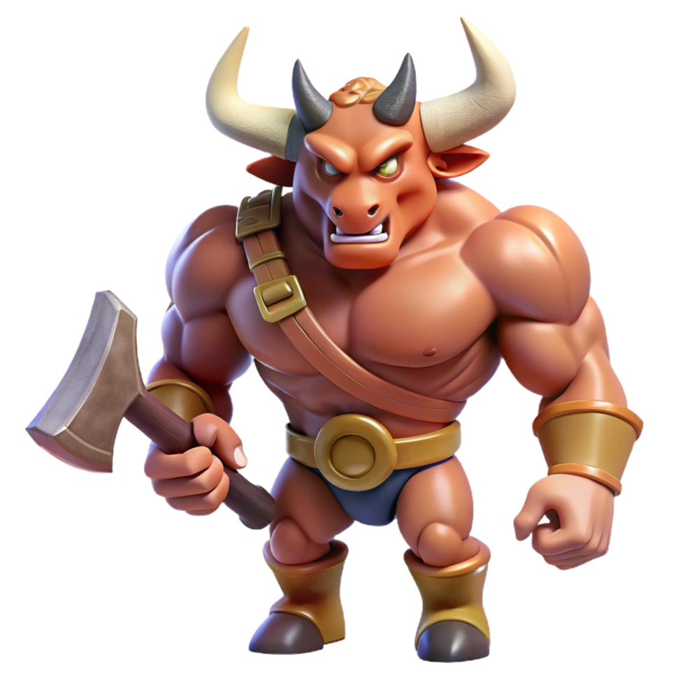 vibrant rustic A muscular minotaur, wielding a double-headed axe, furious expression, 4K png