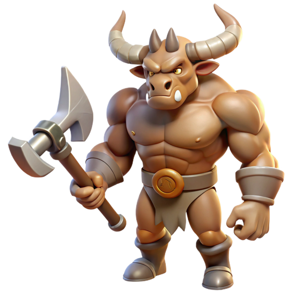 impressive minimalist A muscular minotaur, wielding a double-headed axe, furious expression, detailed png
