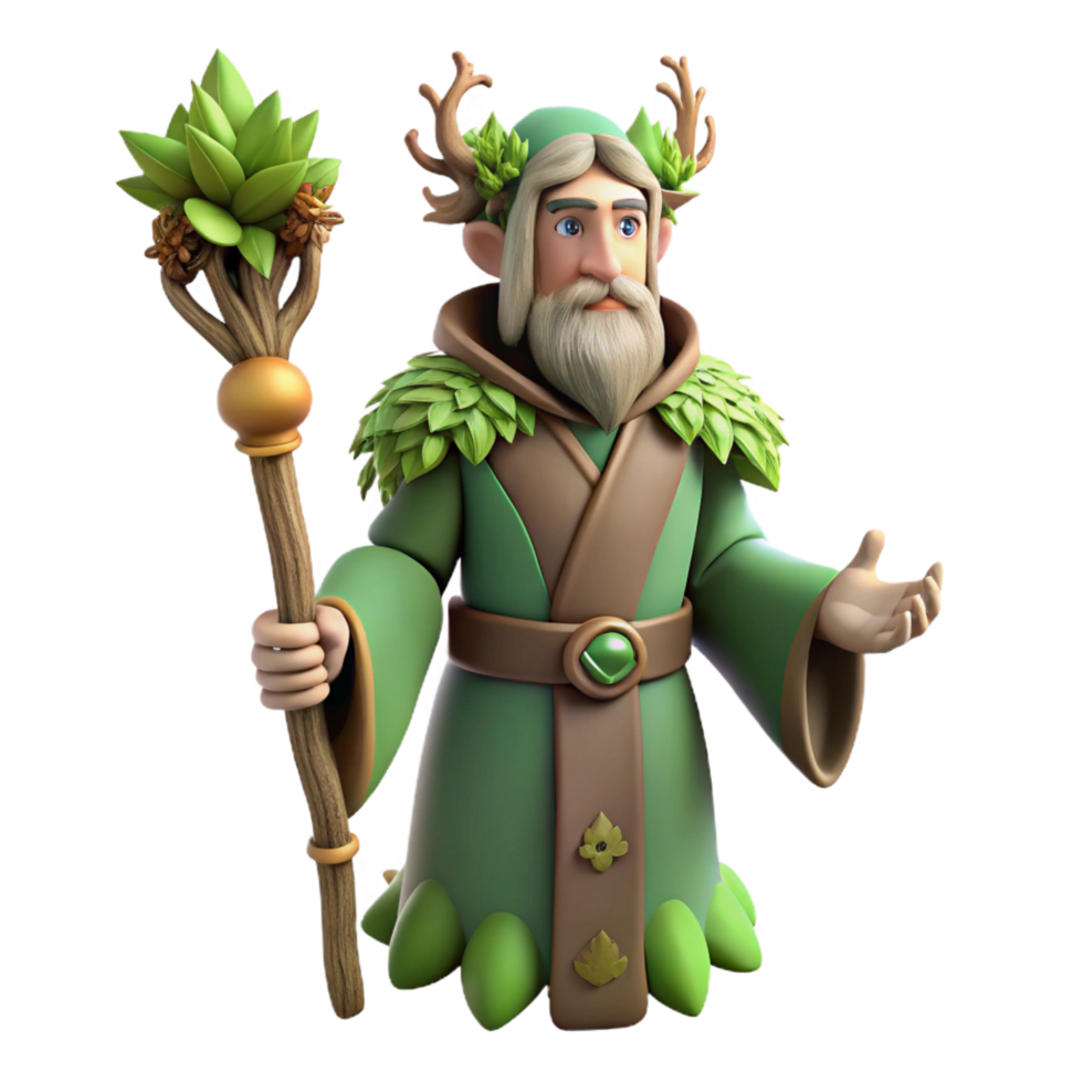 impressive contemporary A powerful druid, holding a staff, adorned with leaves, detailed png