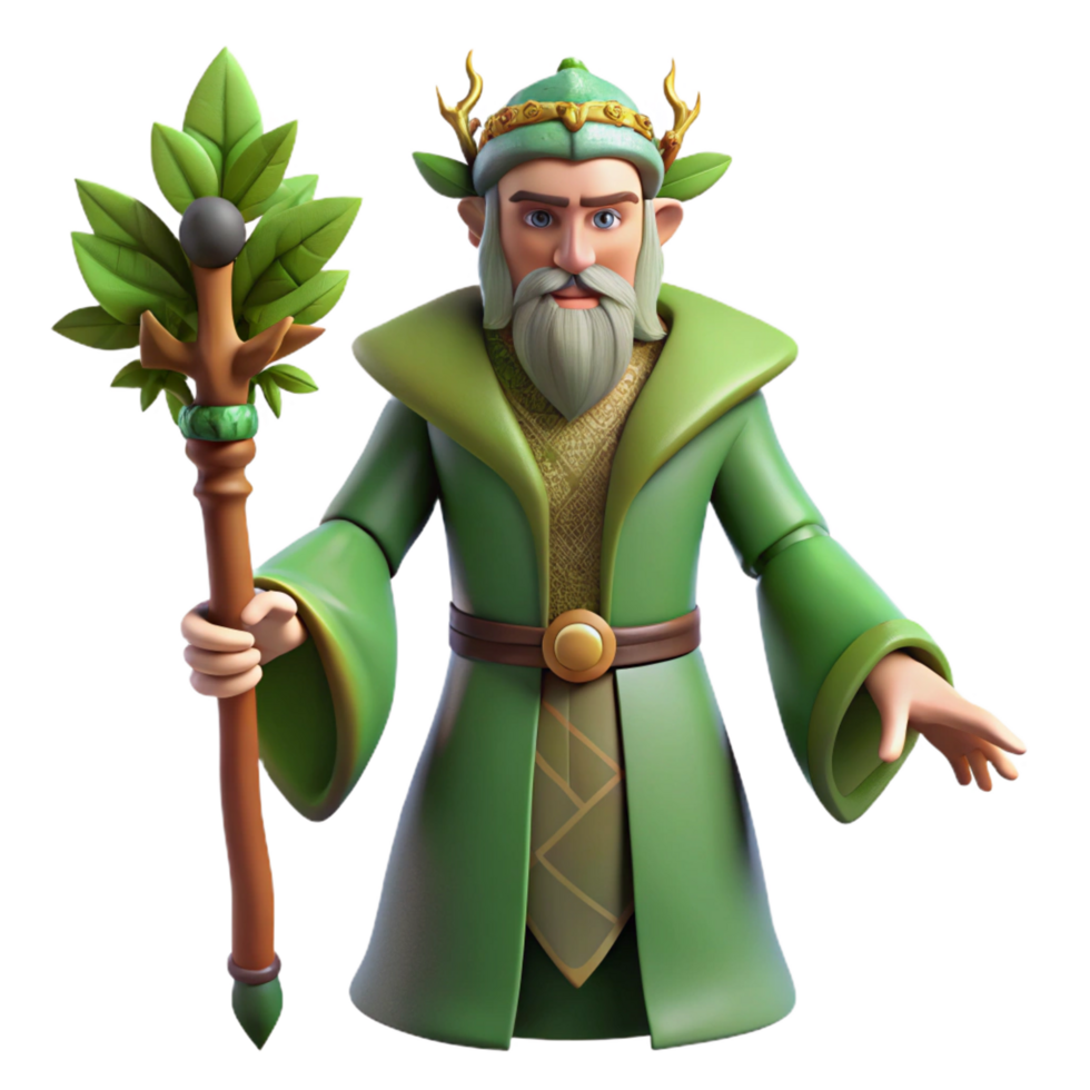 beautiful abstract A powerful druid, holding a staff, adorned with leaves, high resolution png