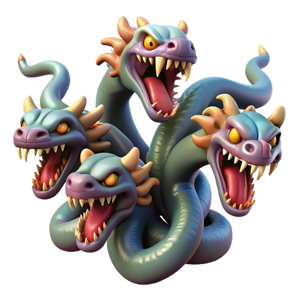 vibrant creative A ferocious hydra, multiple heads, serpentine body, authentic png