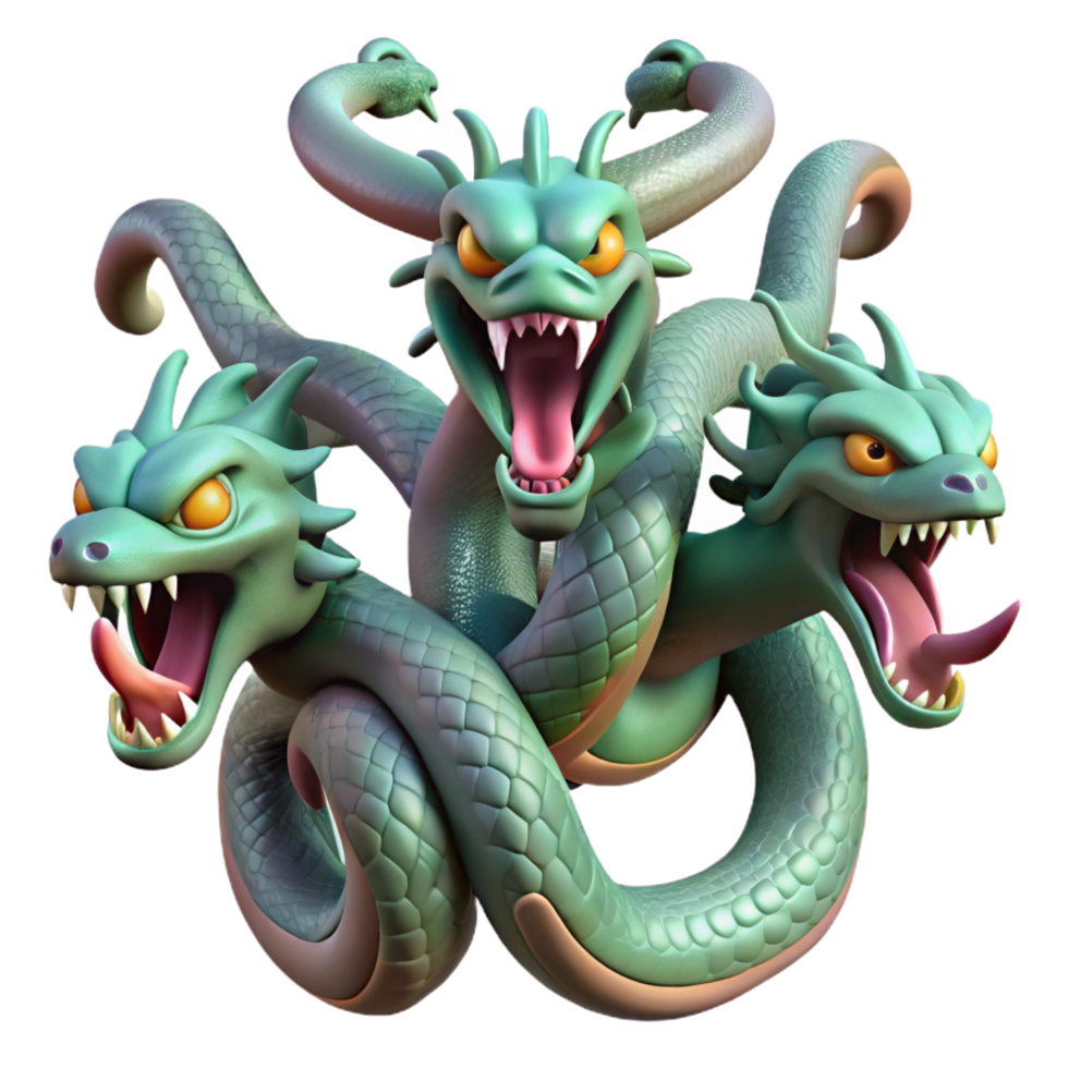 dramatic creative A ferocious hydra, multiple heads, serpentine body, 4K png
