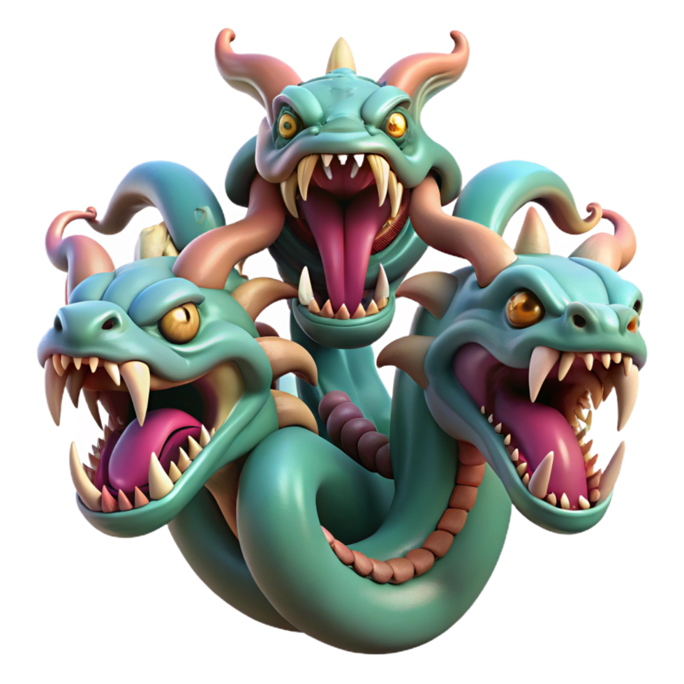 dramatic modern A ferocious hydra, multiple heads, serpentine body, premium png
