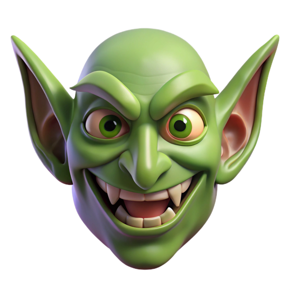 magnificent modern A menacing goblin face, pointed ears, mischievous grin authentic png