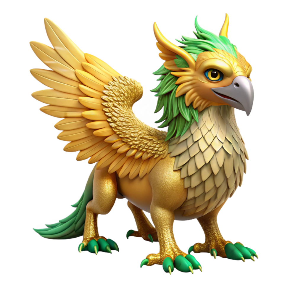 dramatic rustic A majestic griffin with golden feathers and emerald eyes detailed png