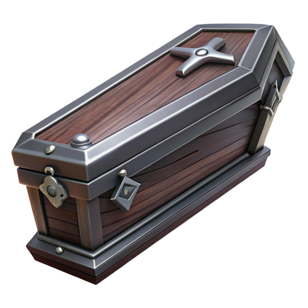 beautiful artistic A gothic, ornate coffin, dark wood, with silver accents high quality png