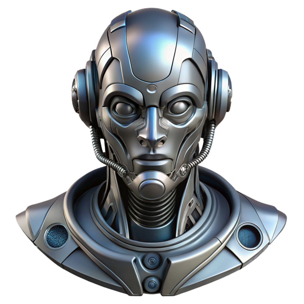 stunning abstract Cyberpunk robot head, intricate details, metallic finish professional png