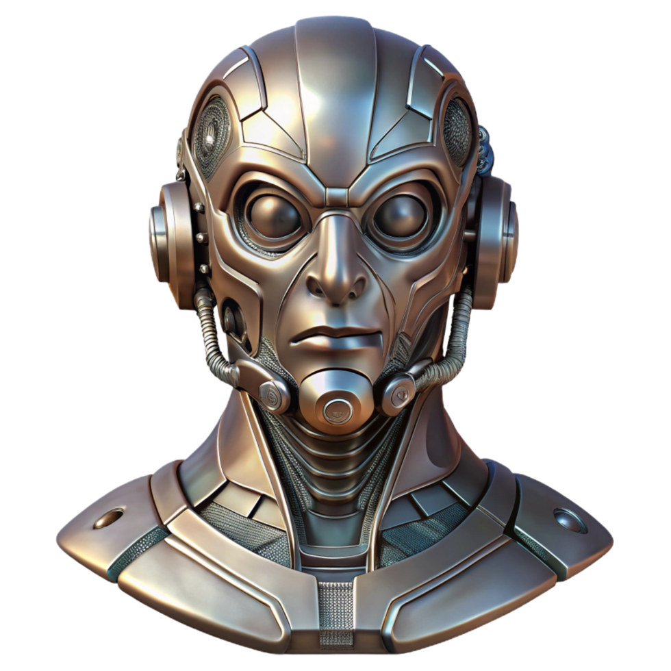 wonderful modern Cyberpunk robot head, intricate details, metallic finish professional png
