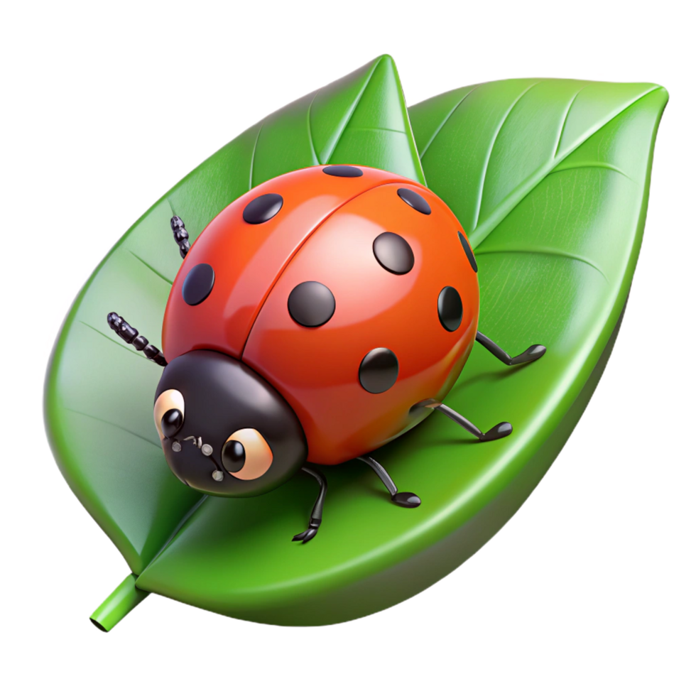 beautiful classic Ladybug crawling on a green leaf high quality png