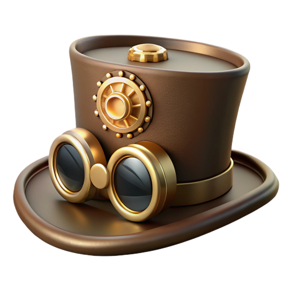 elegant contemporary Steampunk top hat with brass goggles and cogwheel embellishments high quality png