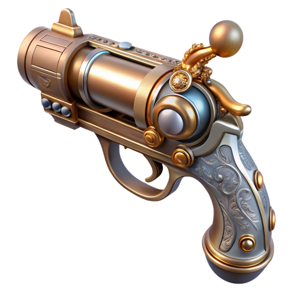 magnificent vintage Steampunk pistol with ornate engravings and a pearl handle professional png
