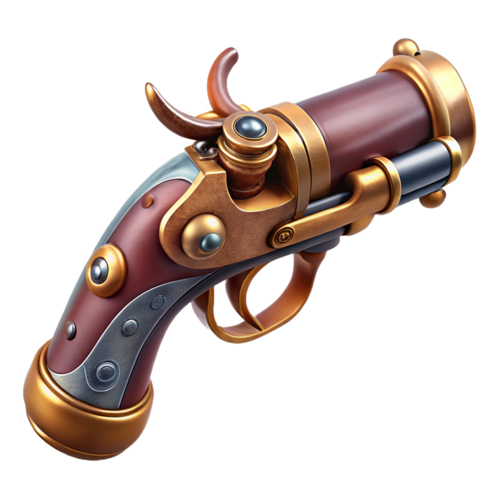 dramatic rustic Steampunk pistol, flintlock style, with brass accents original png