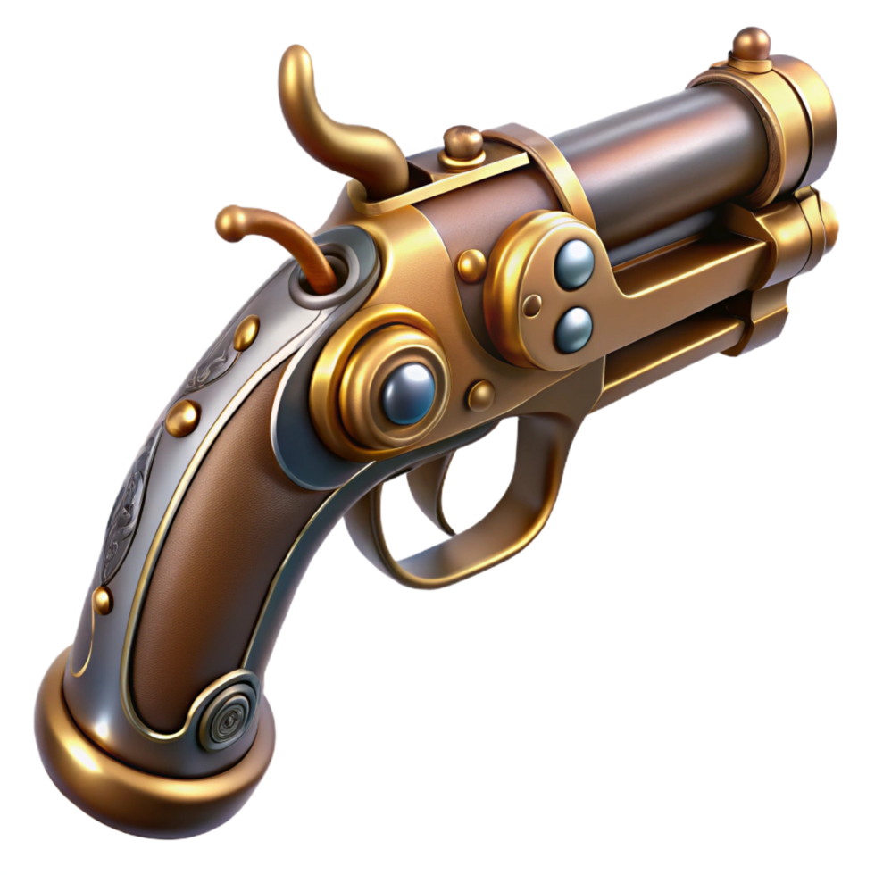 elegant abstract Steampunk pistol, flintlock style, with brass accents high quality png