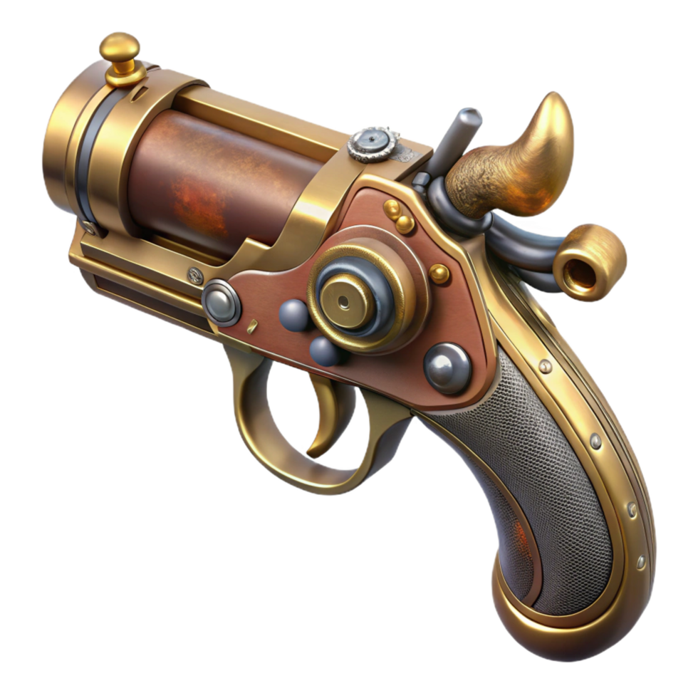 vibrant rustic Steampunk pistol, flintlock style, with brass accents authentic png