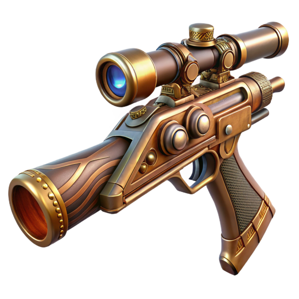 wonderful minimalist Steampunk rifle with scope and intricate engravings high resolution png