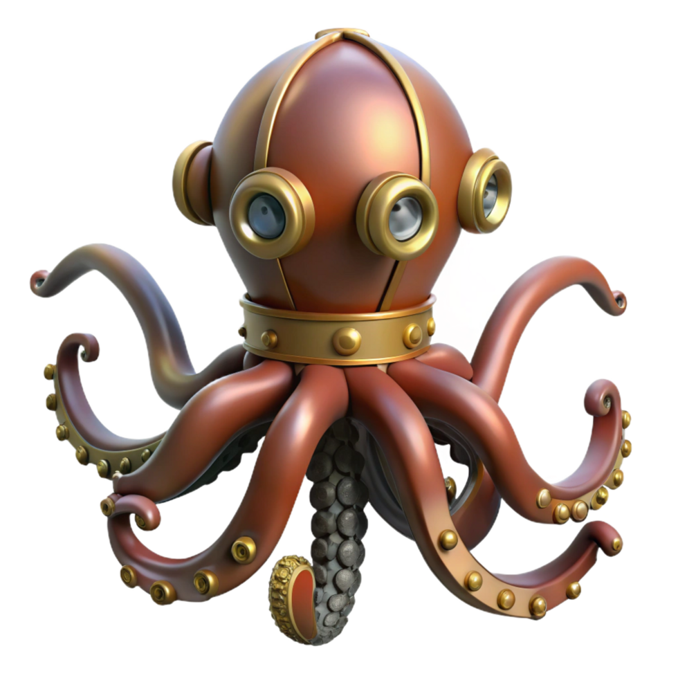 serene abstract Steampunk octopus automaton with articulated tentacles premium png