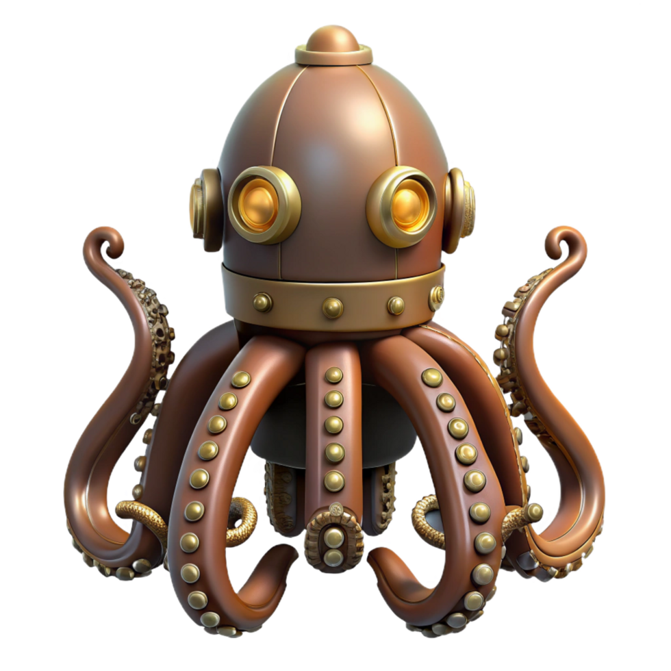 serene abstract Steampunk octopus automaton with articulated tentacles detailed png