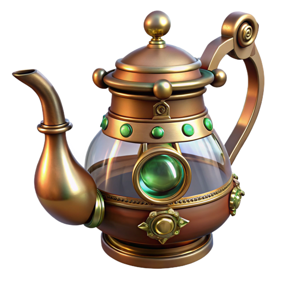 beautiful artistic Steampunk teapot with ornate brass detailing and a glass spout genuine png